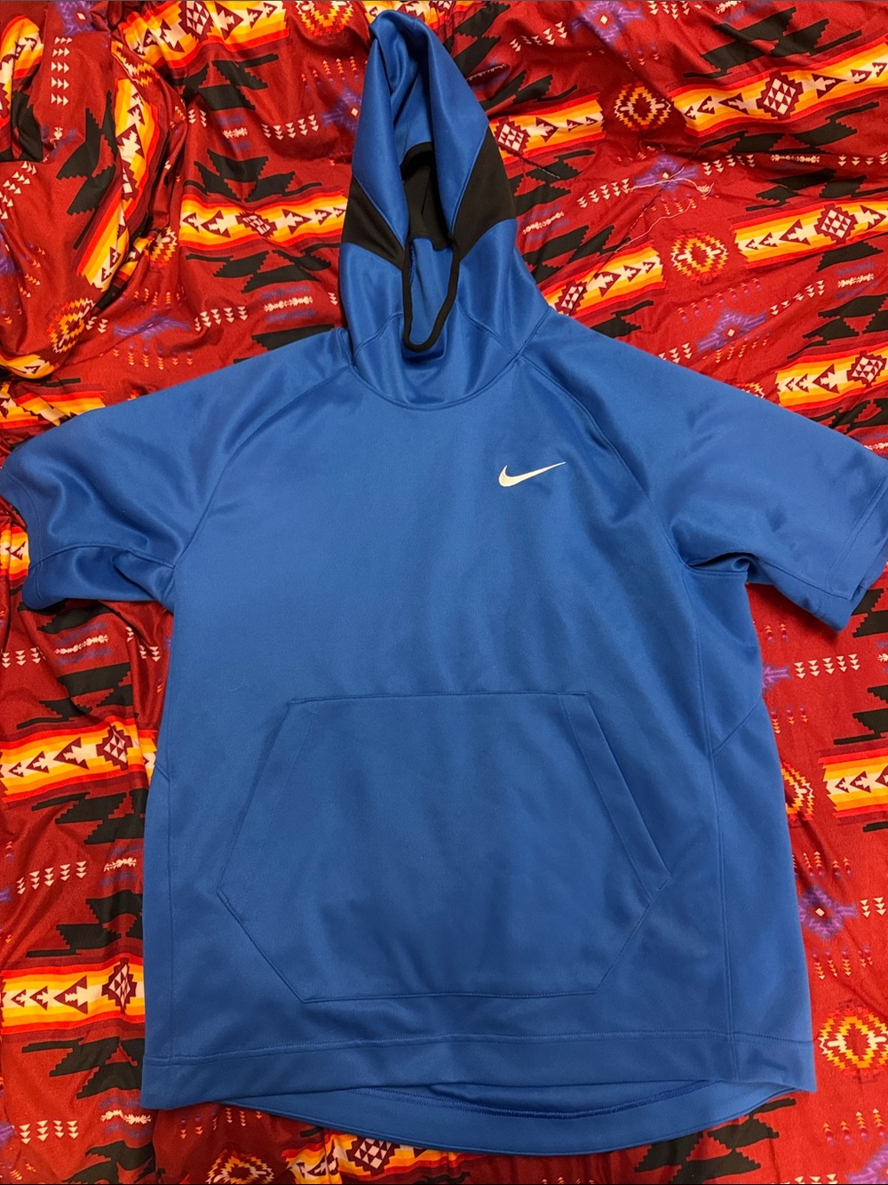 Nike Blue Short-Sleeve Hoodie with Black Hood Trim and White Swoosh